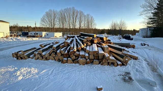Stacked logs await storage under clear skies in a snowy area, showcasing winter preparations and natural beauty