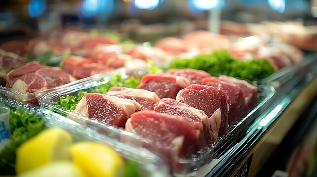 Fresh meat display with butcher shop, grocery, cuts, food, and close up.