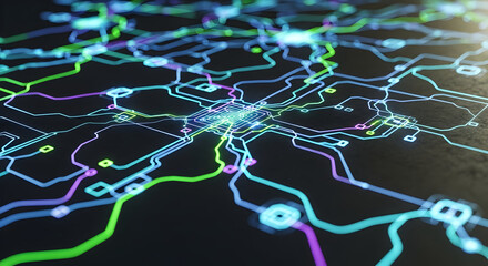 Abstract illustration of a complex network of interconnected lines and nodes, representing data flow.