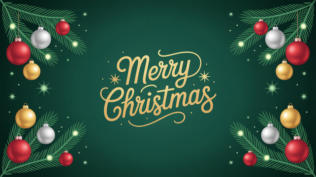 Merry christmas card with fir branches and baubles on a dark green background