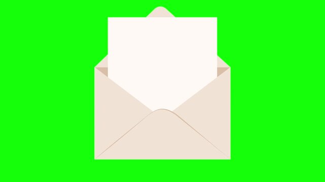 Cartoon animation of an envelope opening to reveal a blank white letter with copy space. Chroma key background for easy compositing of your message, invitation, or announcement.