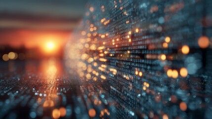 The image illustrates a mesmerizing sunset scene with cascading binary code flowing gracefully along a digital landscape. This captivating binary code intertwines with the vibrant