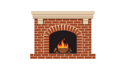 A classic and cozy red brick fireplace with a warm fire burning brightly inside creating a comfortable and homey atmosphere.
