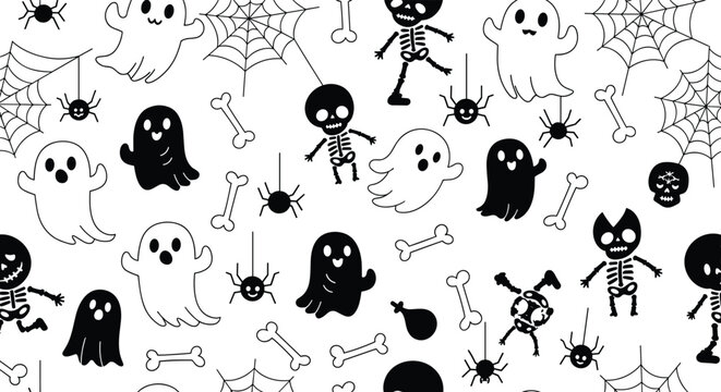 A playful and seamless black and white Halloween pattern with cute cartoon ghosts skeletons spiders and bones on a white field. - Powered by Adobe