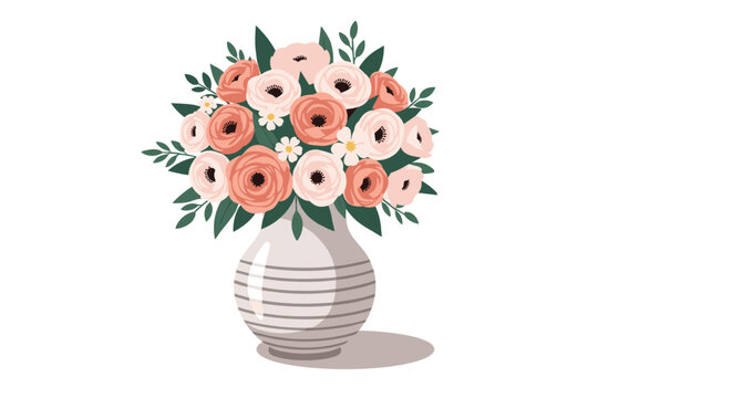 A beautiful and elegant bouquet of pink and white ranunculus flowers arranged in a stylish gray and white striped vase.