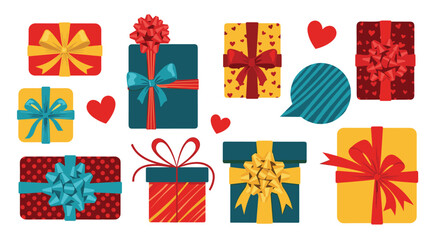 A festive and colorful collection of various beautifully wrapped gift boxes with different patterns ribbons and bows for celebrating.