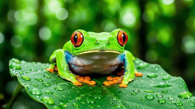 A vibrant, camouflaged tree frog perched on a dew kissed tropical leaf, showcasing its intricate skin patterns and alert eyes in its natural habitat. Close up, detailed observation of amphibian life.