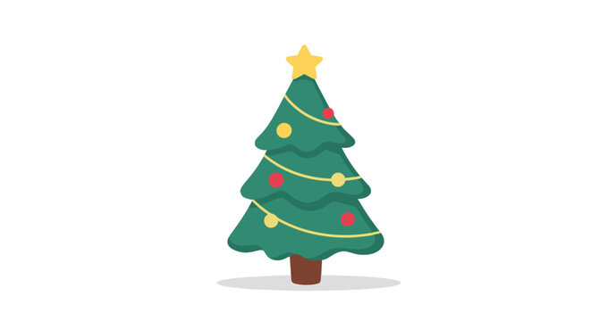 A simple and cute cartoon Christmas tree decorated with a yellow star topper colorful baubles and a string of lights.