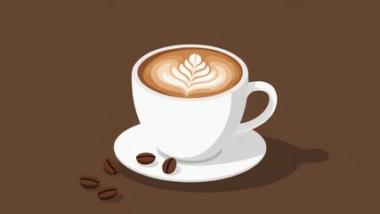 Elegant white coffee cup filled with latte art on saucer and scattered coffee beans against warm brown background, minimalist design.