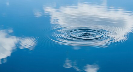 Ripple effect on water surface with cloud reflections creating a serene and calming atmosphere view