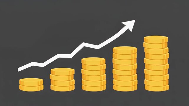 Animated growth chart with gold coins stacked in increasing piles, accompanied by an ascending white arrow.