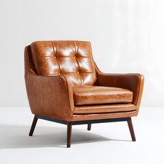 Classic tufted leather armchair with dark wood legs on a white background