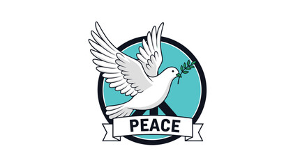 Obraz premium White dove of peace holding an olive branch flies in front of a peace sign with a banner celebrating global harmony.