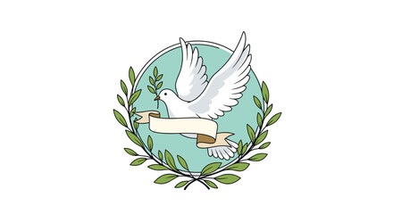 Elegant white dove carrying an olive branch and a blank banner is framed by a wreath creating a classic peace symbol.