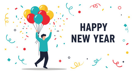 Joyful person holding colorful balloons celebrates with falling confetti under a Happy New Year message for a festive party.