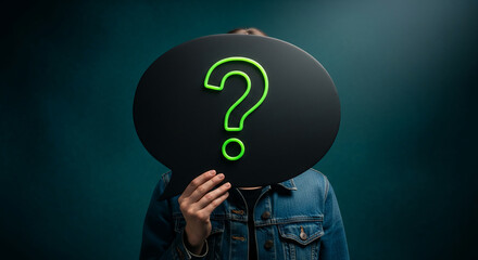 Person holding black speech bubble with green question mark, representing inquiry, confusion, or search for answers. Dark teal background and denim jacket