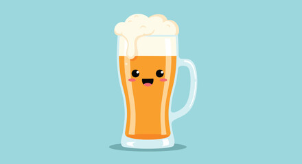 Adorable kawaii beer mug character with a happy smiling face and rosy cheeks filled with frothy golden beer for a party.