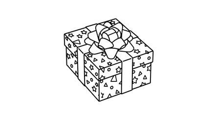 Simple black and white line art of a wrapped gift box with a star pattern and a large festive bow on top for coloring.
