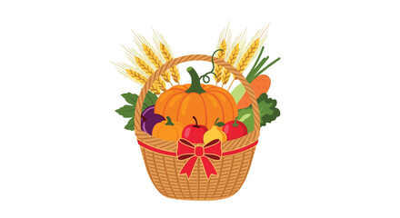 Bountiful Thanksgiving harvest basket filled with a pumpkin vegetables fruits and wheat perfect for a holiday celebration.