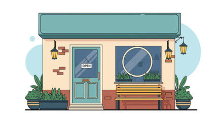 Quaint and charming storefront with an open sign on the door a bench outside and potted plants for a friendly local business.