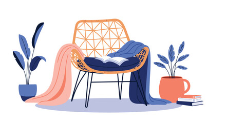 Cozy reading nook with a stylish wicker chair draped in blankets an open book and potted plants for a relaxing vibe.