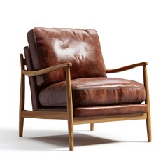 Rustic brown leather armchair with natural wood frame isolated on white background