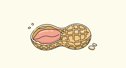 Simple cartoon illustration of a cracked open peanut shell showing the nut inside against a light yellow background.