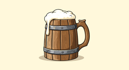 Highly detailed vintage wooden beer mug with metal bands and overflowing foam in a classic hand-drawn illustration style.