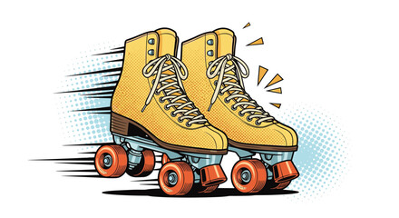 Retro yellow roller skates with red wheels moving at high speed in a dynamic pop art comic book illustration style.