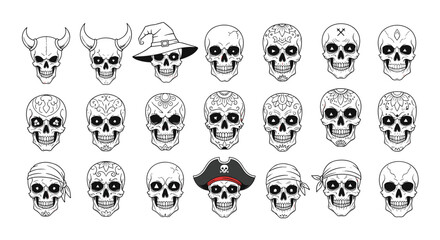 Large collection of hand-drawn human skulls in various styles including pirate witch and Day of the Dead sugar skulls.