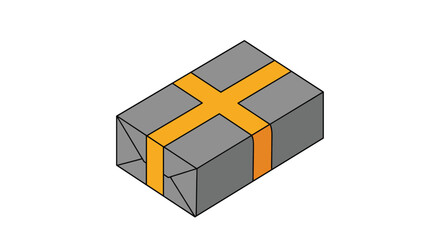 Simple gray rectangular package wrapped with a bright yellow ribbon in a minimalist and modern isometric illustration.
