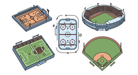 Collection of various sports stadiums and fields in an isometric line art style including baseball football and hockey.