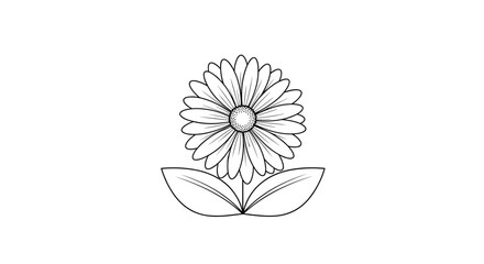 Symmetrical black and white line drawing of a daisy or sunflower with detailed petals and two leaves for a coloring page.
