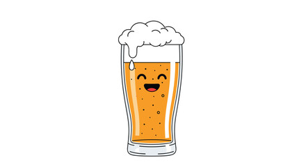 Adorable kawaii beer glass character with a happy smiling face and bubbles filled with frothy light beer for a party.