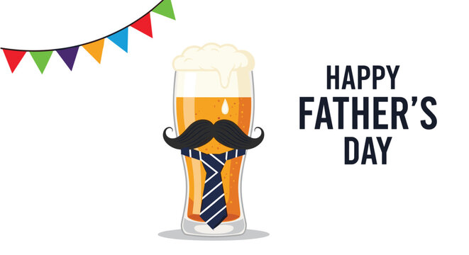 Happy Father's Day greeting card with a beer glass character wearing a mustache and tie under a colorful party banner.