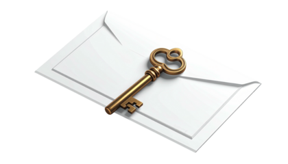 A detailed digital rendering showing a golden key atop a white envelope