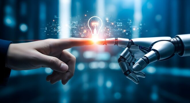 Human and robot hands touching with digital connection and futuristic cityscape