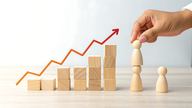 Hand putting wood doll on the top of wooden block graph with red arrow pointing up, business growth and success concept, isolated on white background