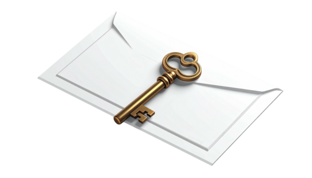 A detailed digital rendering showing a golden key atop a white envelope