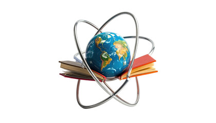 3D-rendered image of a globe inside a metallic atomic model, resting on open books