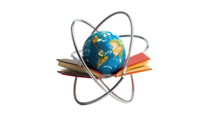 3D-rendered image of a globe inside a metallic atomic model, resting on open books