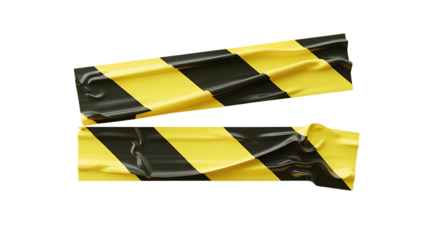 Yellow and black striped hazard warning tape crumpled and torn isolated on transparent background