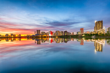 Cau Giay Park Lake Sunset, Hanoi Skyline Reflection