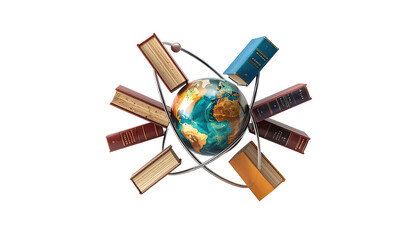 A globe surrounded by books in a circular orbit, showcasing learning