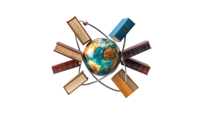 A globe surrounded by books in a circular orbit, showcasing learning