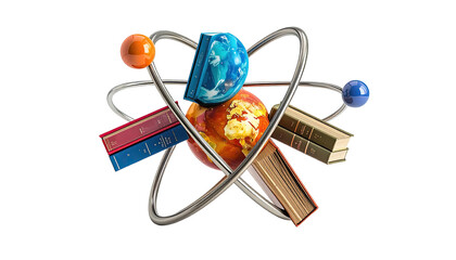 Composite illustration depicting knowledge, science, and learning through atomic structure