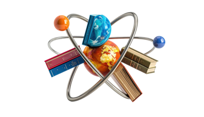 Composite illustration depicting knowledge, science, and learning through atomic structure