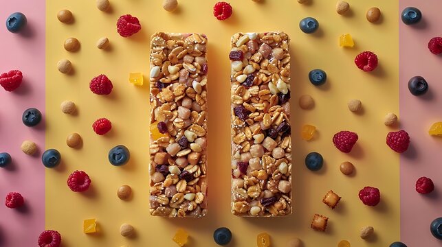 Two granola bars surrounded by berries and nuts on a pink and yellow split background flat lay