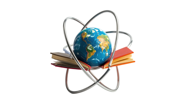 3D-rendered image of a globe inside a metallic atomic model, resting on open books