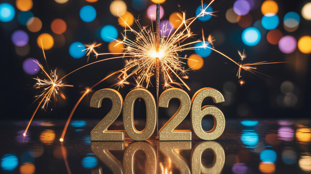 Golden 2026 numbers with sparklers on a reflective surface, celebrating the new year - Powered by Adobe